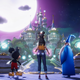 Mickey Mouse, Merlin, and a Disney Dreamlight character stare at the magic castle.